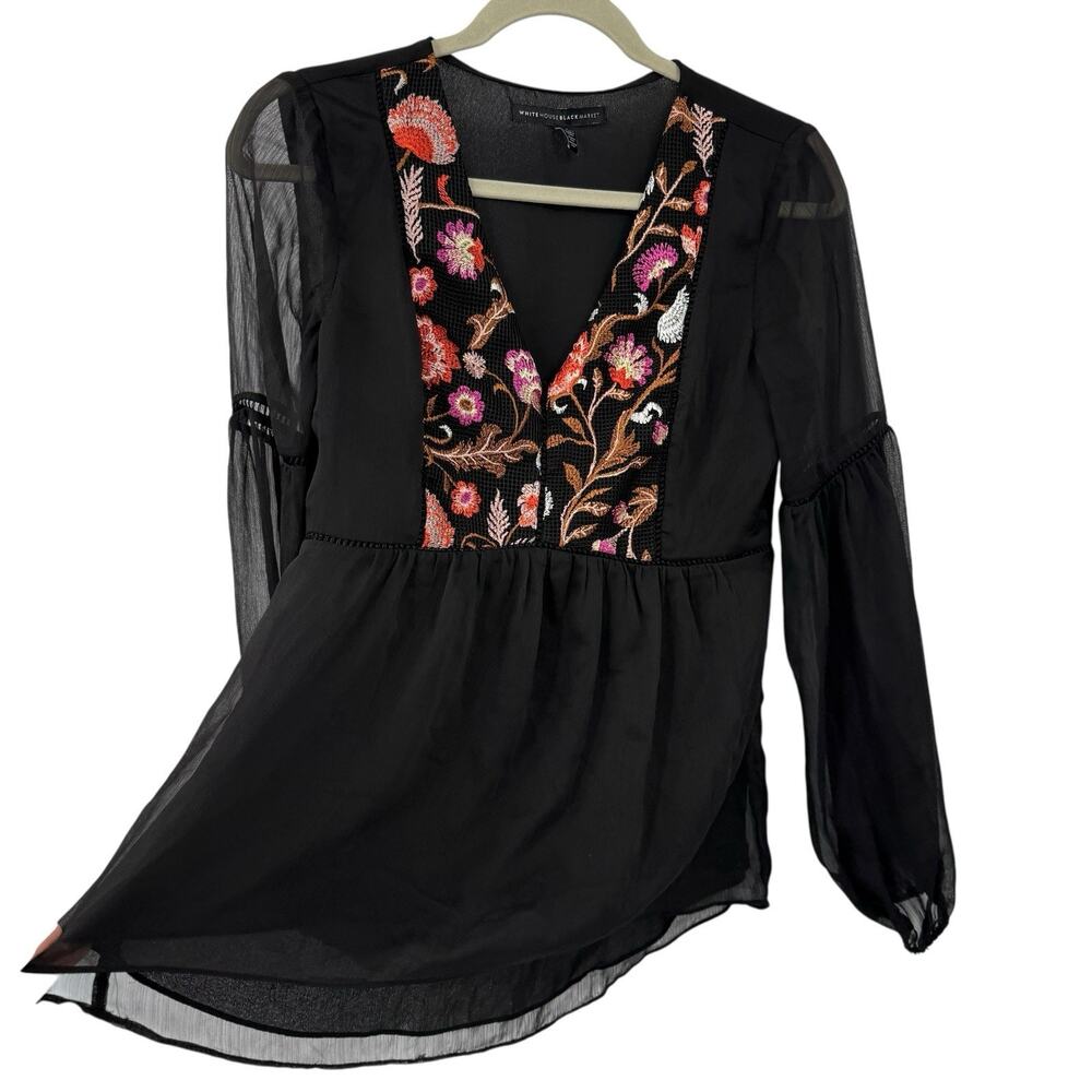 WHBM Embroidered Sheer Blouse XS Black Floral Boho Bell Sleeve Romantic - Picture 5 of 10